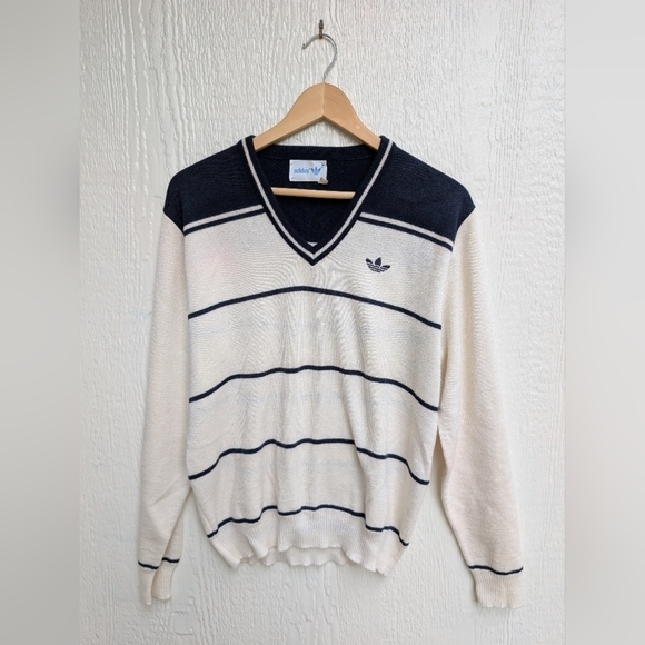 Vintage Union Made Adidas White Navy Stripe Tennis Sweater Women's Size Large - Picture 1 of 6